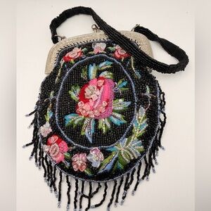Vintage Christiana Beaded Floral embroidered fringe tassel evening bag Pink blac